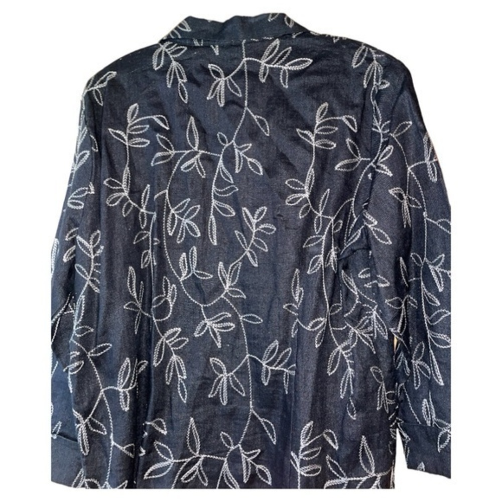 Carole Little Vtg 90s Linen Embroidered Blouse Tunic Black XL Leaf Botanical - Picture 7 of 10